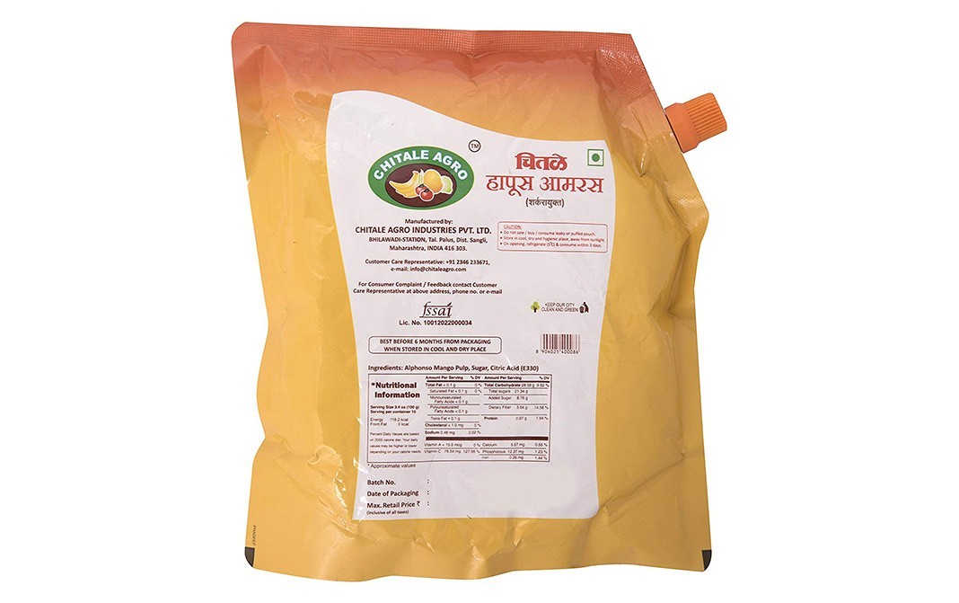 Chitale Agro Alphonso Mango Pulp (Sweetened)   Pouch  1 kilogram